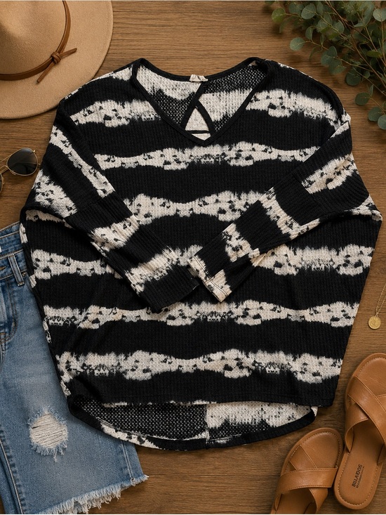 Tops - Be Stage Black White Tie Dye Waffle Knit Top Medium Criss Cross V-Neck